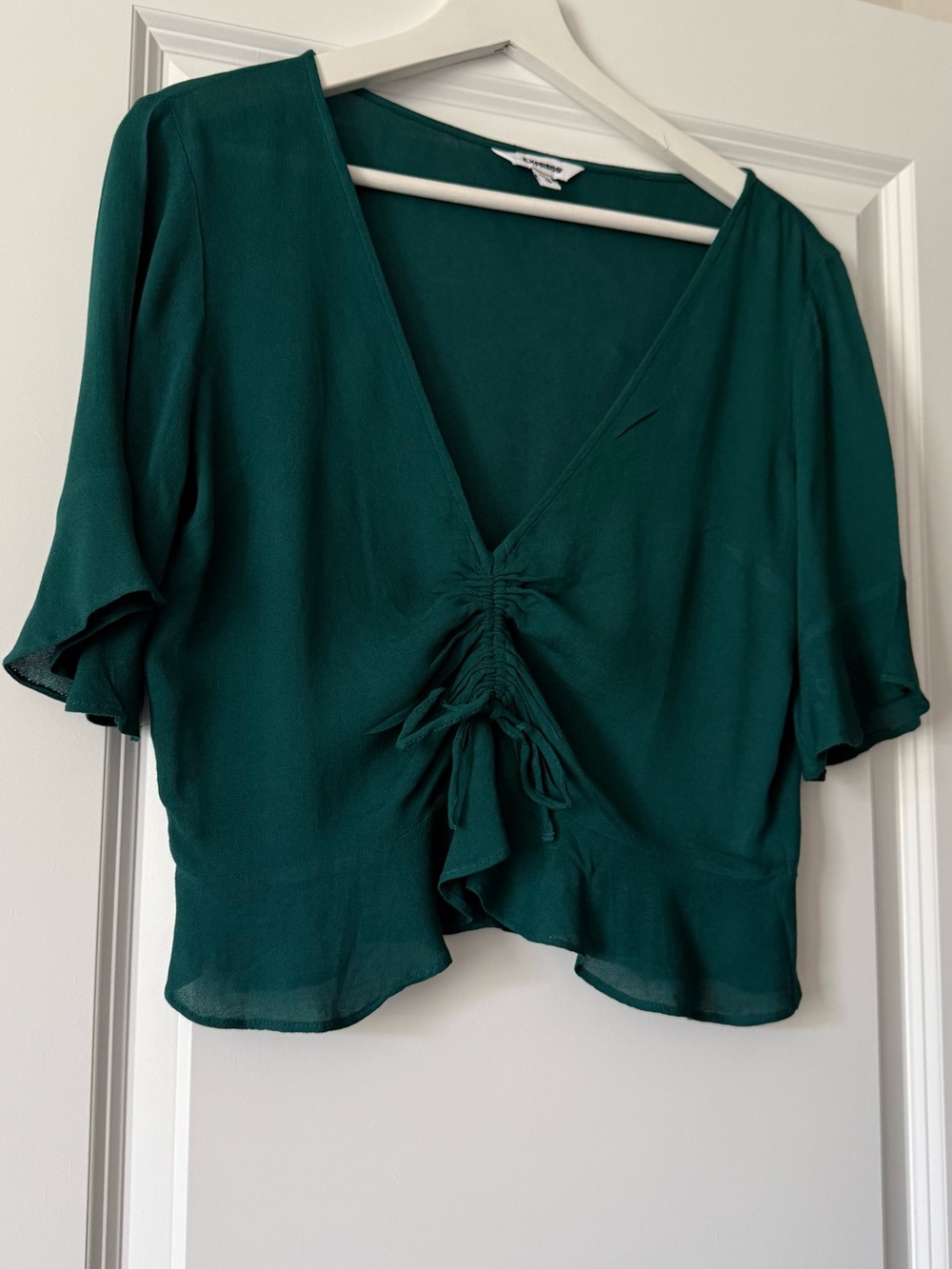 Express Forest Green V-Neck Ruched Front Blouse